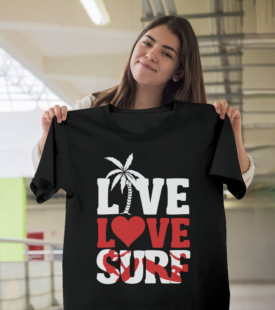 Live Love Surf Palm Tree Heart Ocean Waves T-Shirt