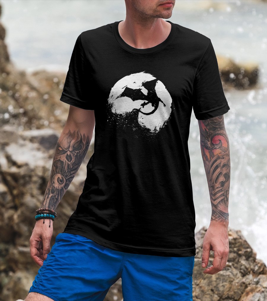 Midnight Desolation Dragon Silhouette In Full Moon T-Shirt