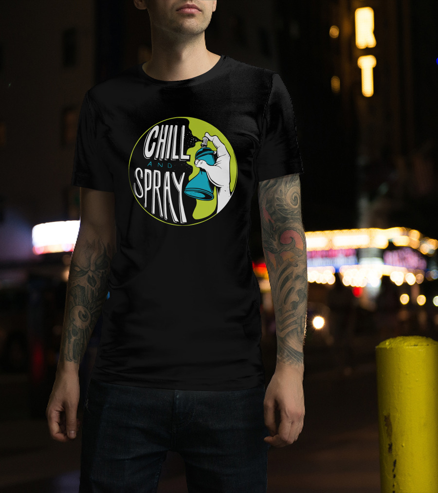 CHILL AND SPRAY Hand Holding Blue Can T-Shirt