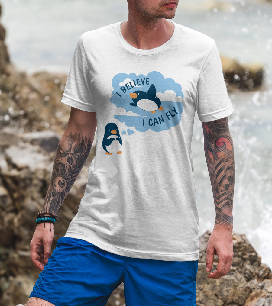 I Believe I Can Fly Penguin Dreaming Clouds T-Shirt