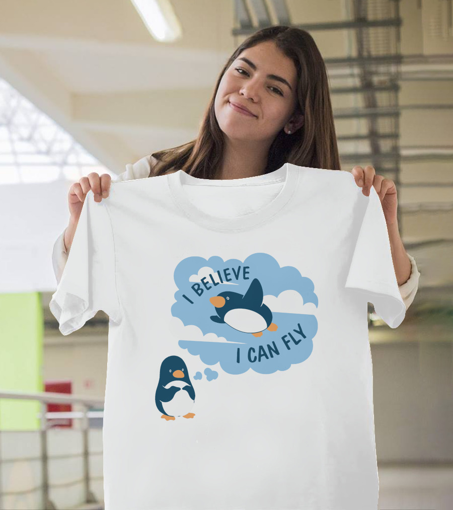 I Believe I Can Fly Penguin Dreaming Clouds T-Shirt
