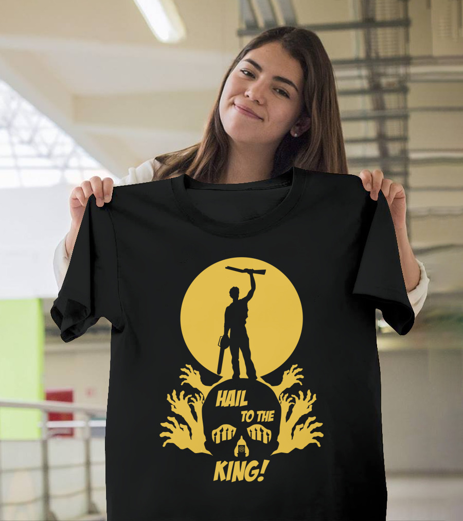 Hail to the King Skeleton Moon Chainsaw Hero with Zombie Hands T-Shirt