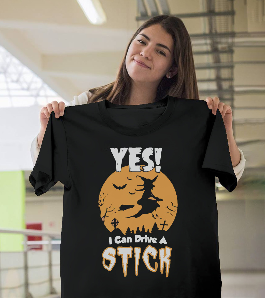 YES I Can Drive a Stick Halloween Witch with Bats and Crosses T-Shirt