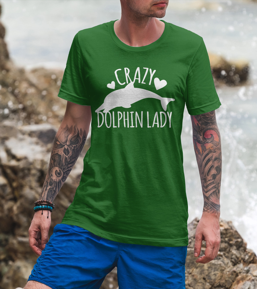 CRAZY DOLPHIN LADY Hearts And Dolphin Silhouette On Green T-Shirt