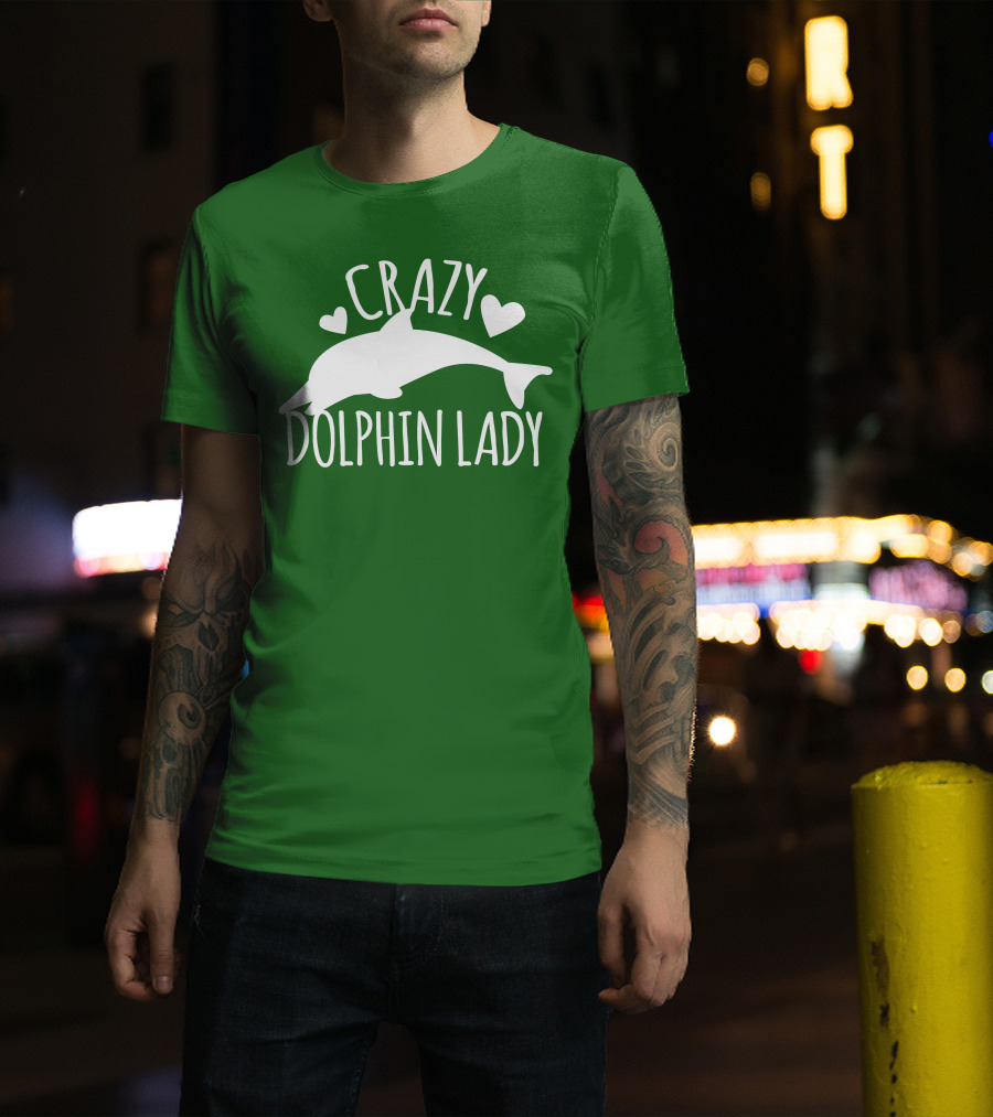 CRAZY DOLPHIN LADY Hearts And Dolphin Silhouette On Green T-Shirt