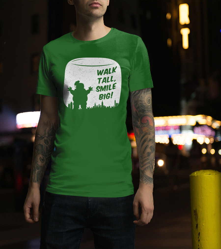 WALK TALL SMILE BIG Stay Puft Marshmallow Man City Skyline T-Shirt