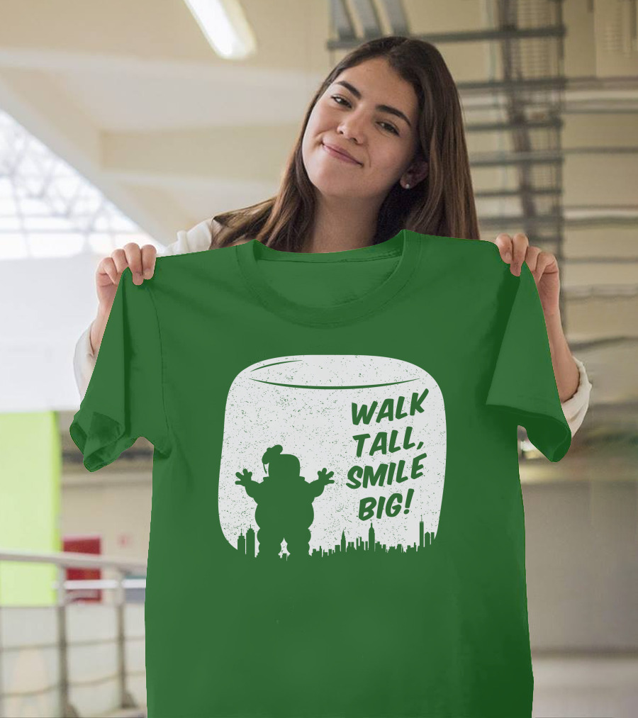 WALK TALL SMILE BIG Stay Puft Marshmallow Man City Skyline T-Shirt