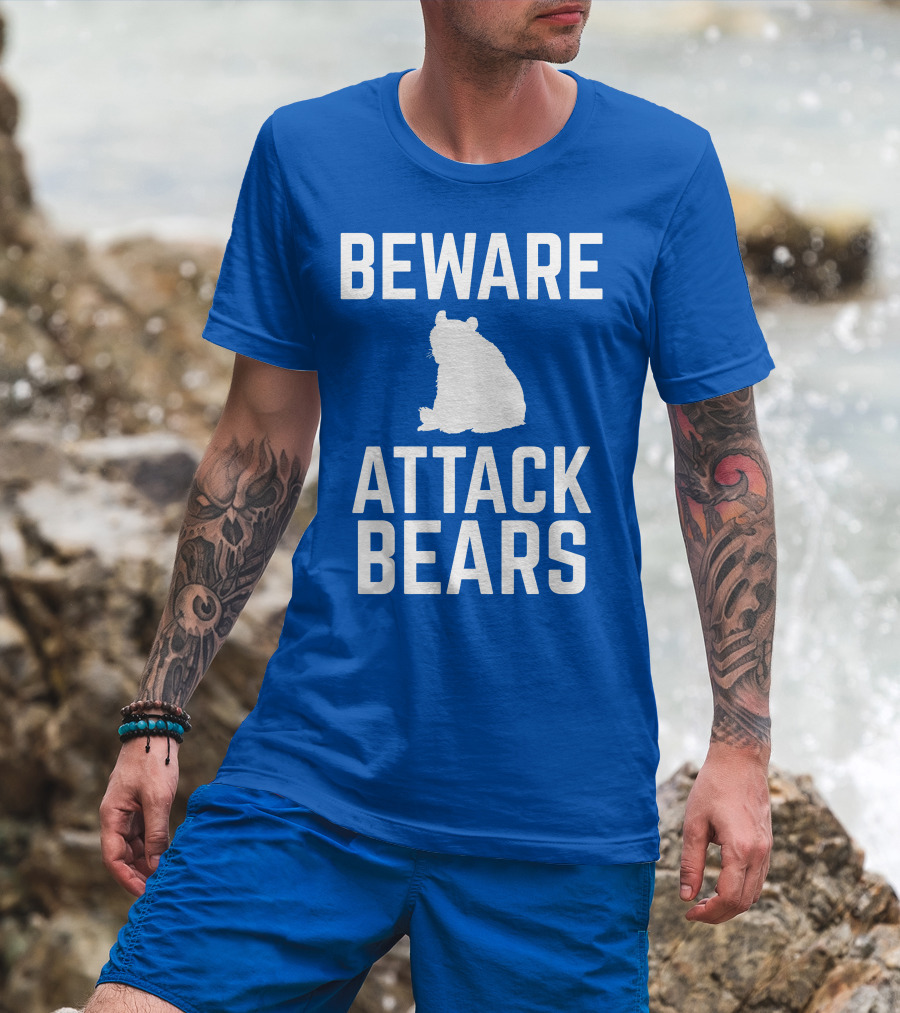 BEWARE ATTACK BEARS Silhouette Blue Background T-Shirt