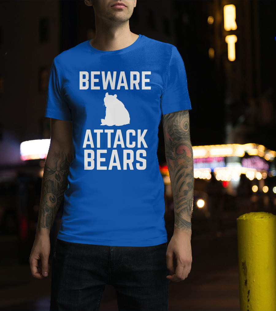 BEWARE ATTACK BEARS Silhouette Blue Background T-Shirt