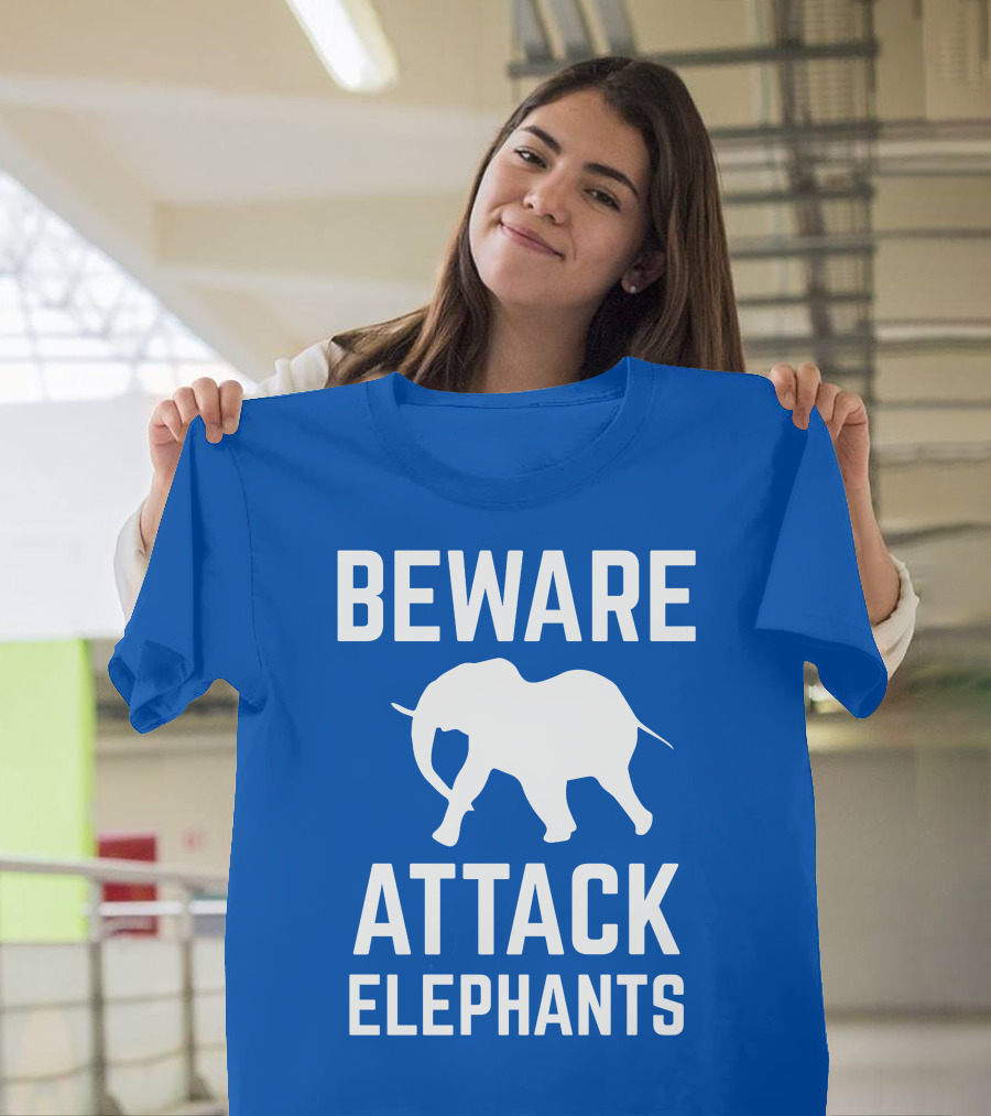 BEWARE ATTACK ELEPHANTS Blue Background White Elephant T-Shirt