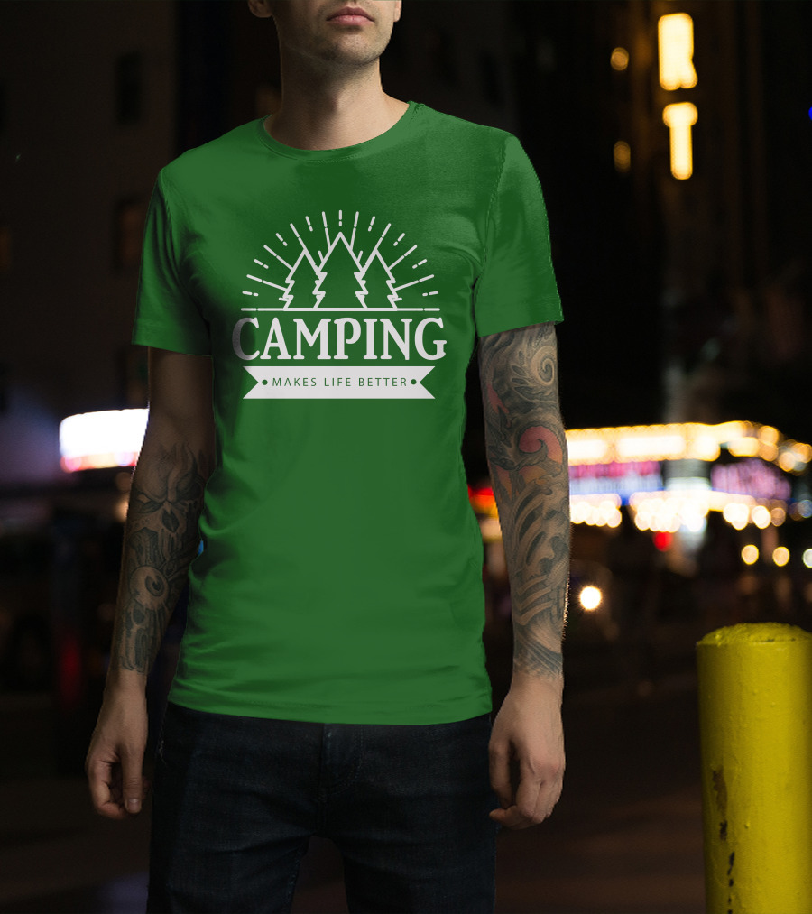 Camping Makes Life Better With Forest Trees And Radiant Sunburst T-Shirt
