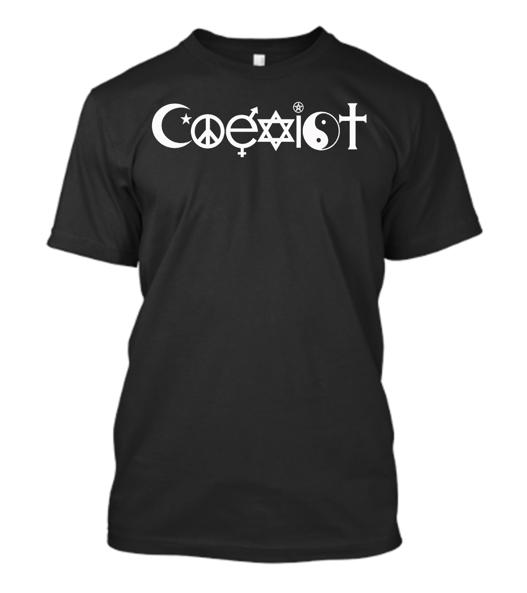 Coexist Symbols: Star And Crescent, Peace Sign, Gender Equality, Star Of David, Yin Yang, Cross T-Shirt
