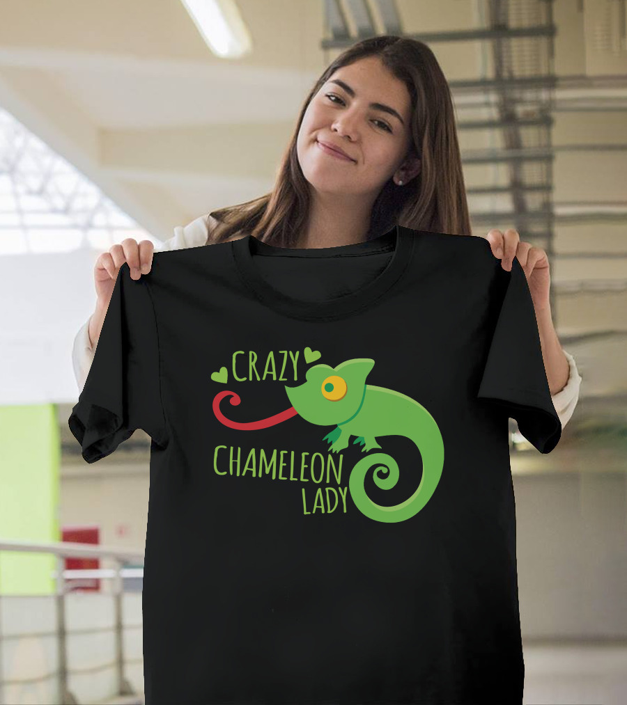 CRAZY CHAMELEON LADY Green Cartoon With Hearts T-Shirt