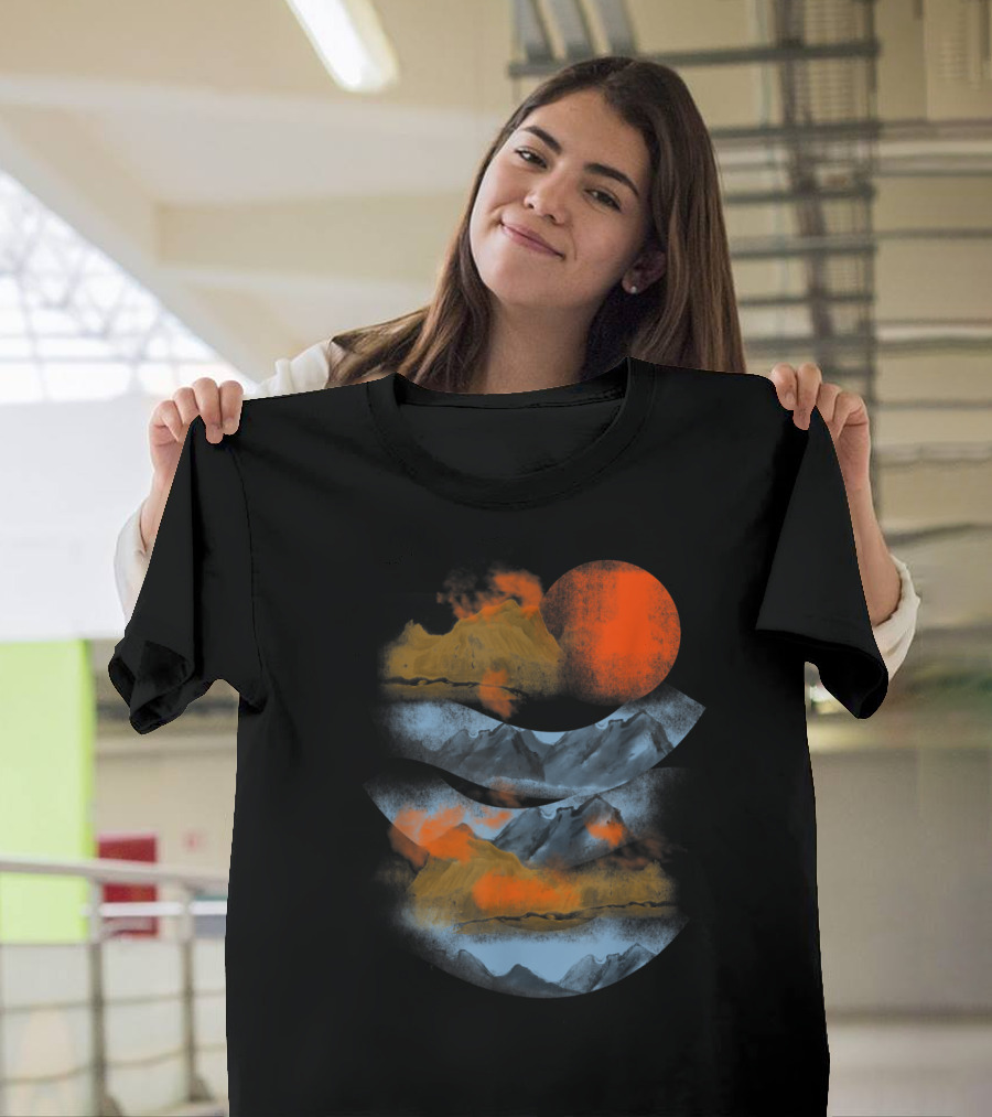 Blurry Mountains Clouds with Red Sun and Smoky Peaks T-Shirt