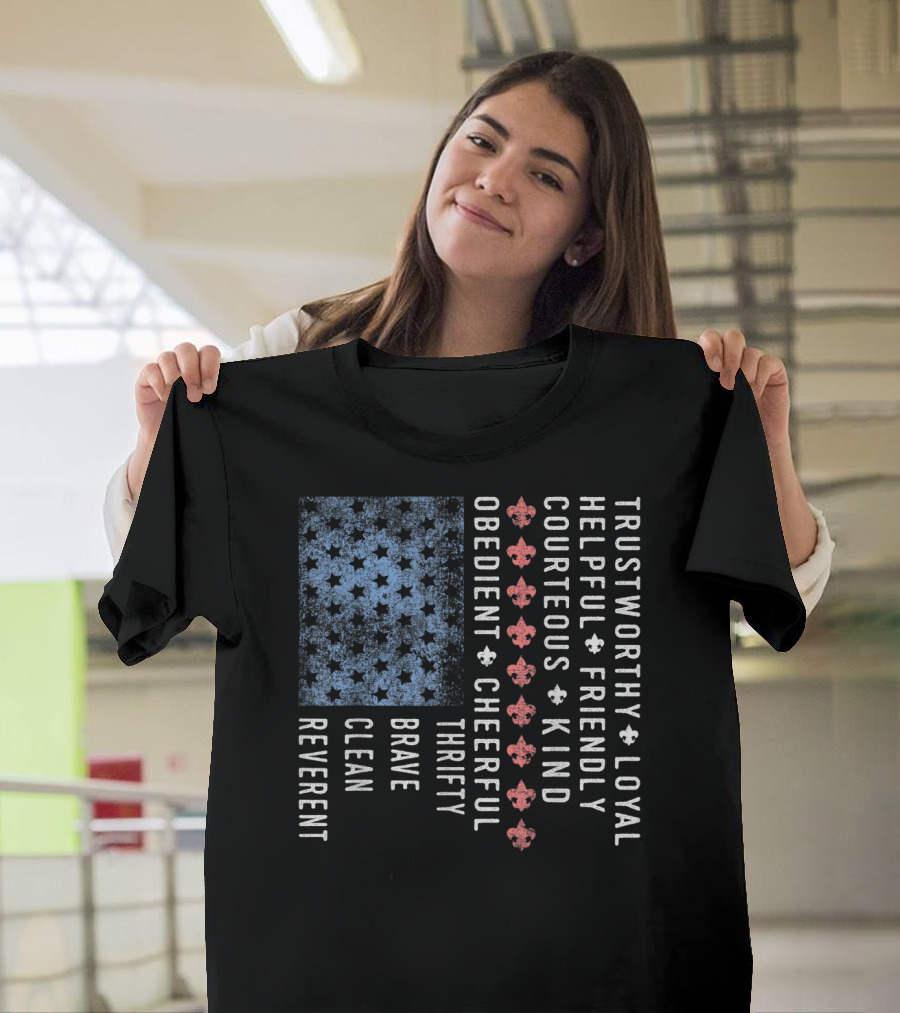 American Flag Trustworthy Loyal Helpful Friendly Courteous Kind Obedient Cheerful Thrifty Brave Clean Reverent Scout Law Vintage Scouting T-Shirt