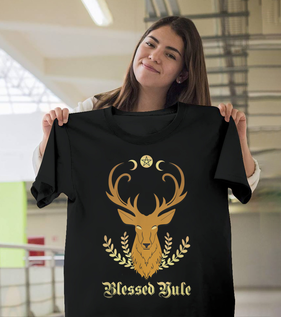 Blessed Yule Christmas Stag Pentacle Triple Moon T-Shirt
