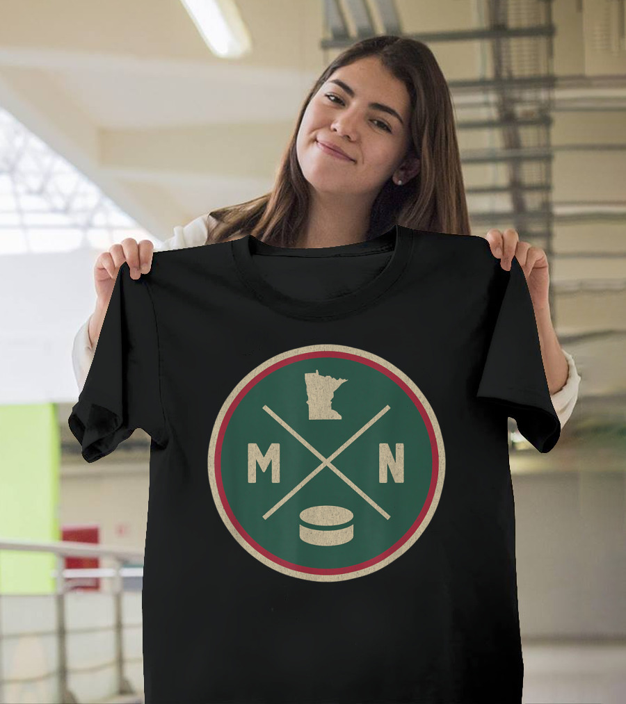 MN Hockey State Outline with Puck and Crossed Sticks Retro T-Shirt