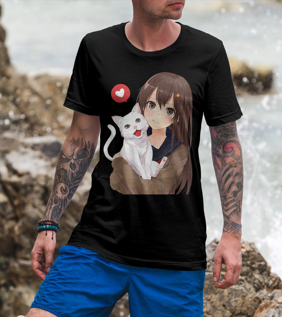 Cute Anime Girl With Adorable White Kitty Cat And Heart T-Shirt