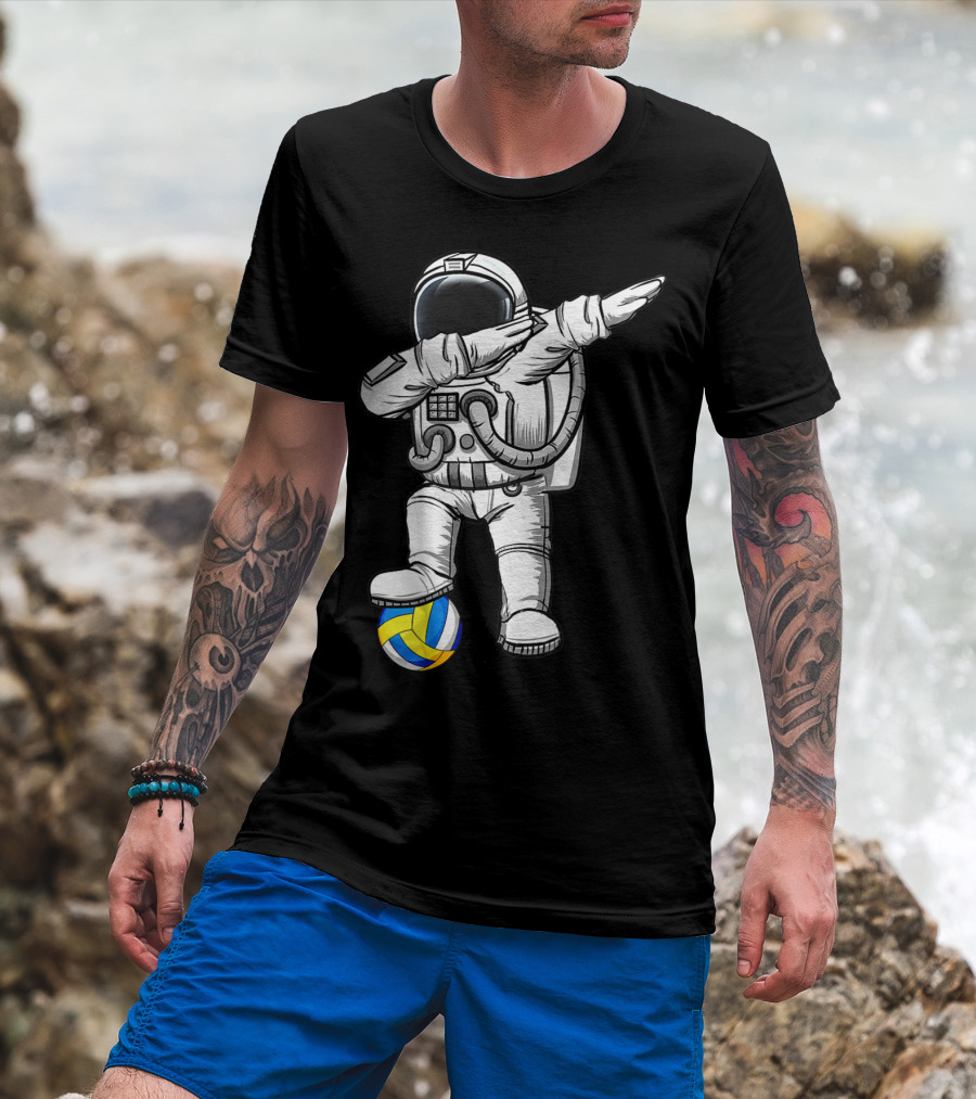 Cute Astronaut Dabbing With Volleyball Astronomy Lovers Galaxy T-Shirt