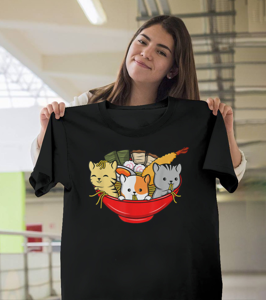 Kawaii Cat Trio In Ramen Bowl With Japanese Anime Style Meal T-Shirt