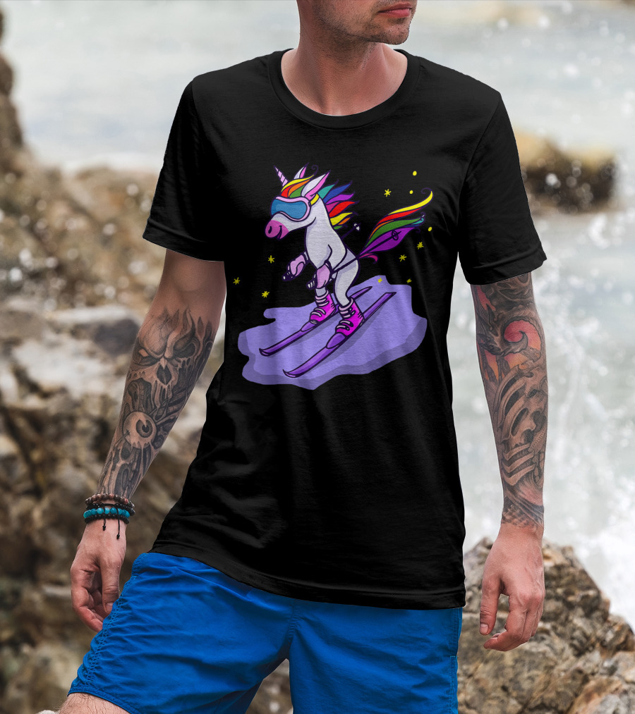 Cute Unicorn Skiing In Rainbow T-Shirt
