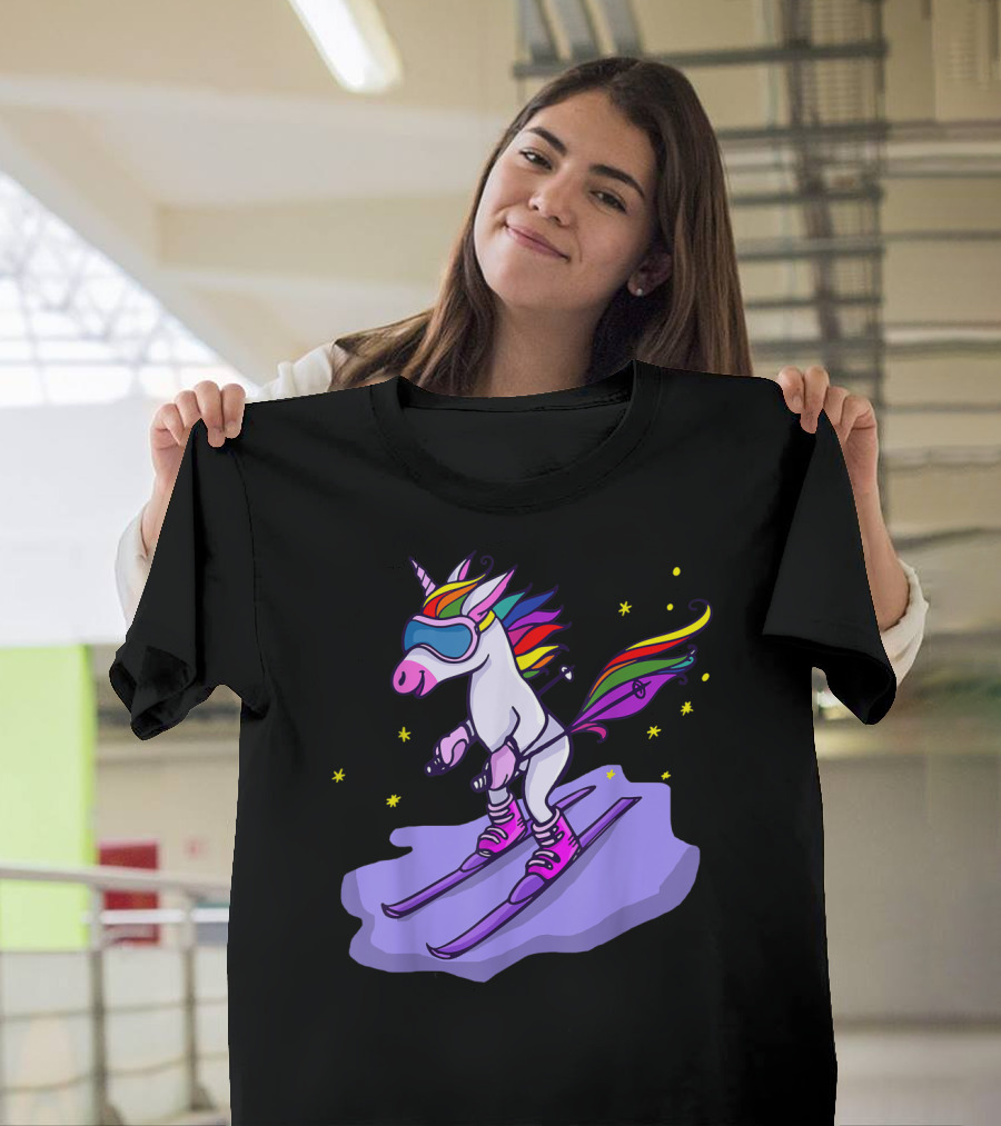 Cute Unicorn Skiing in Rainbow T-Shirt