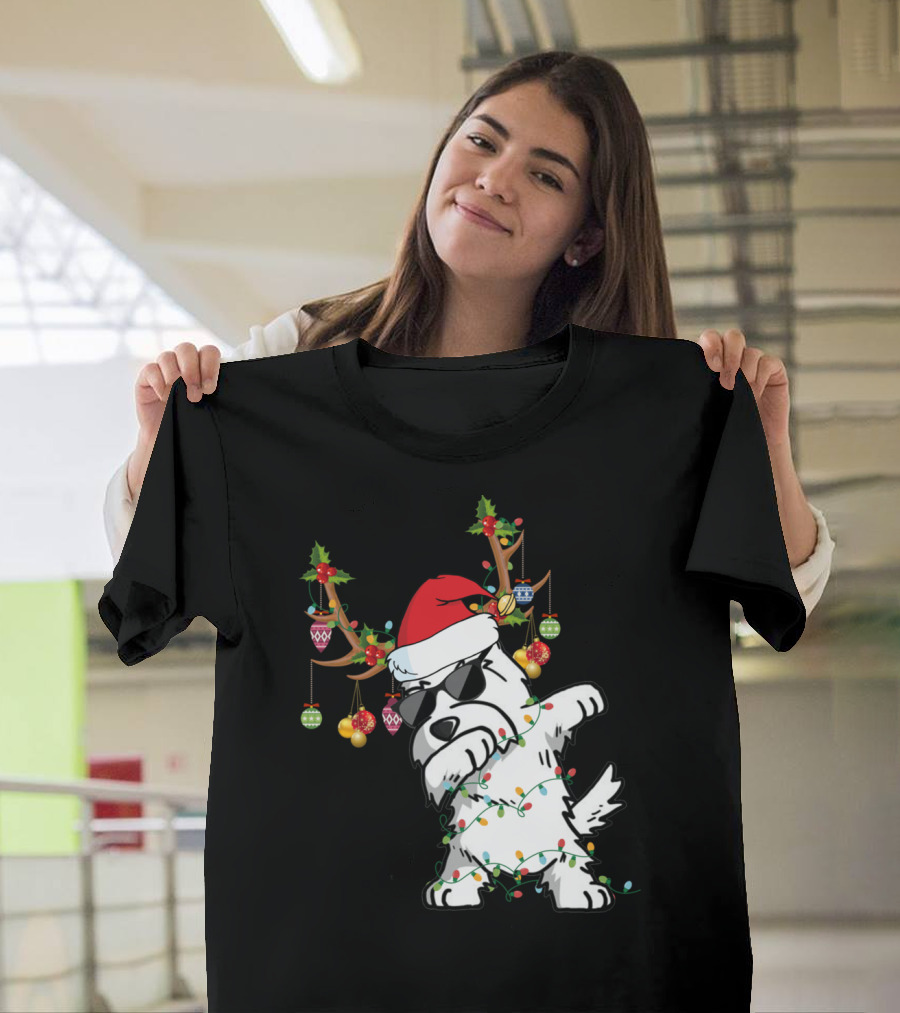 Dabbing Westie Dog Christmas Lights Santa Hat Reindeer Antlers Ornaments T-Shirt