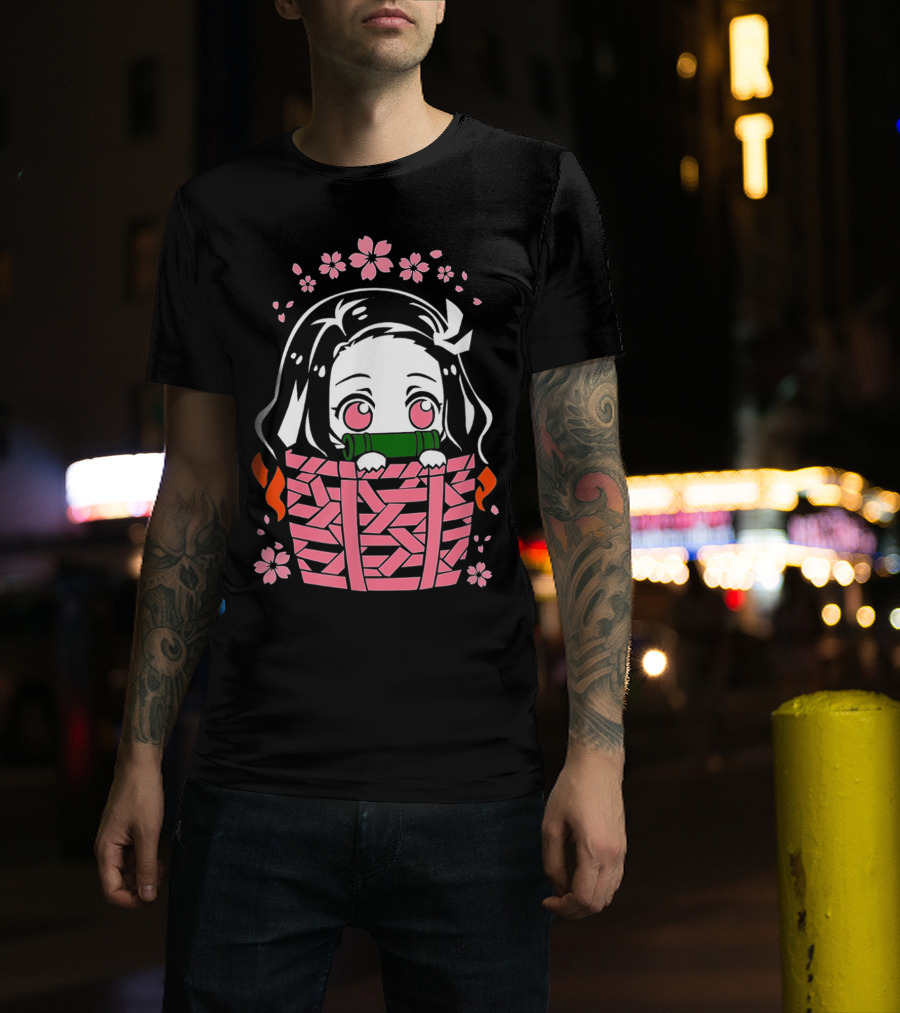 Nezuko Kamado Kawaii Chibi With Bamboo Mouthpiece And Cherry Blossoms Demon Slayer Anime T-Shirt
