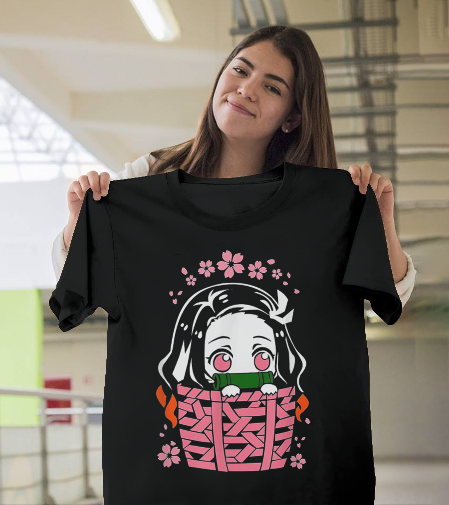 Nezuko Kamado Kawaii Chibi With Bamboo Mouthpiece And Cherry Blossoms Demon Slayer Anime T-Shirt