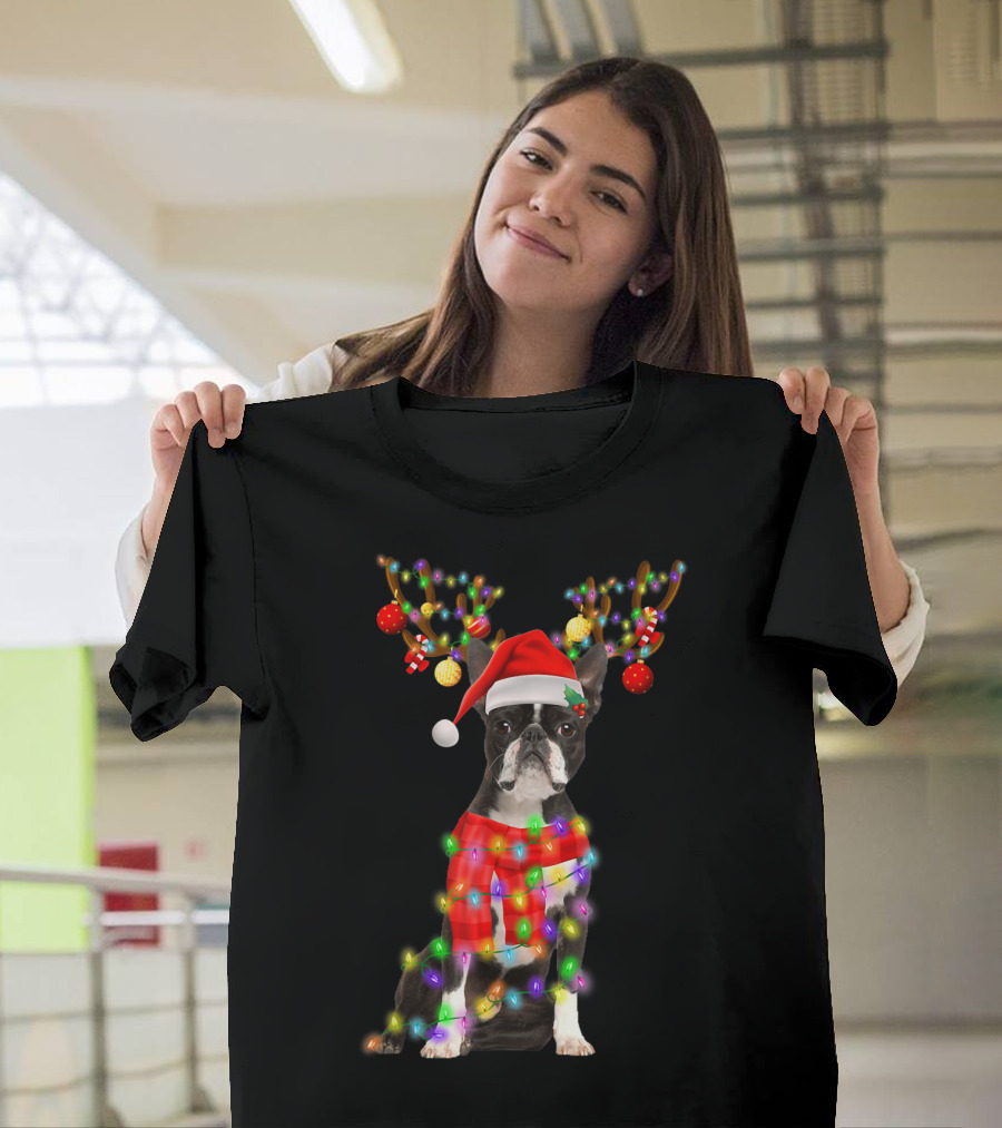 Funny Boston Terrier Christmas Reindeer With Santa Hat And Holiday Lights T-Shirt