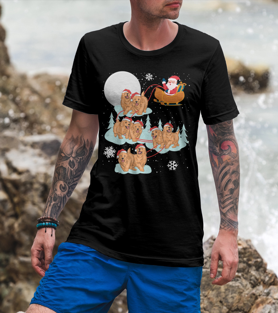 Funny Christmas Golden Retriever Santa Sleigh Holiday Scene T-Shirt