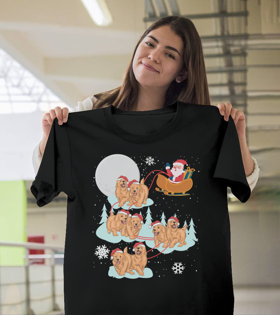 Funny Christmas Golden Retriever Santa Sleigh Holiday Scene T-Shirt