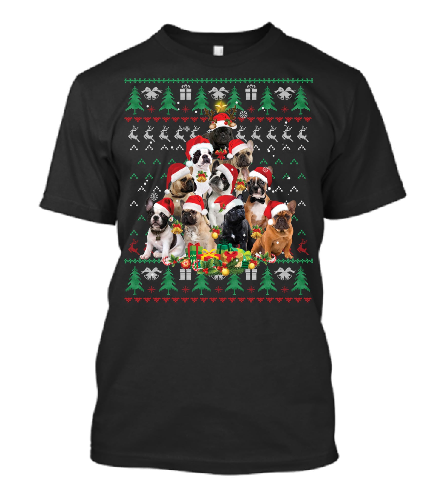 French Bulldog Christmas Tree With Santa Hats T-Shirt