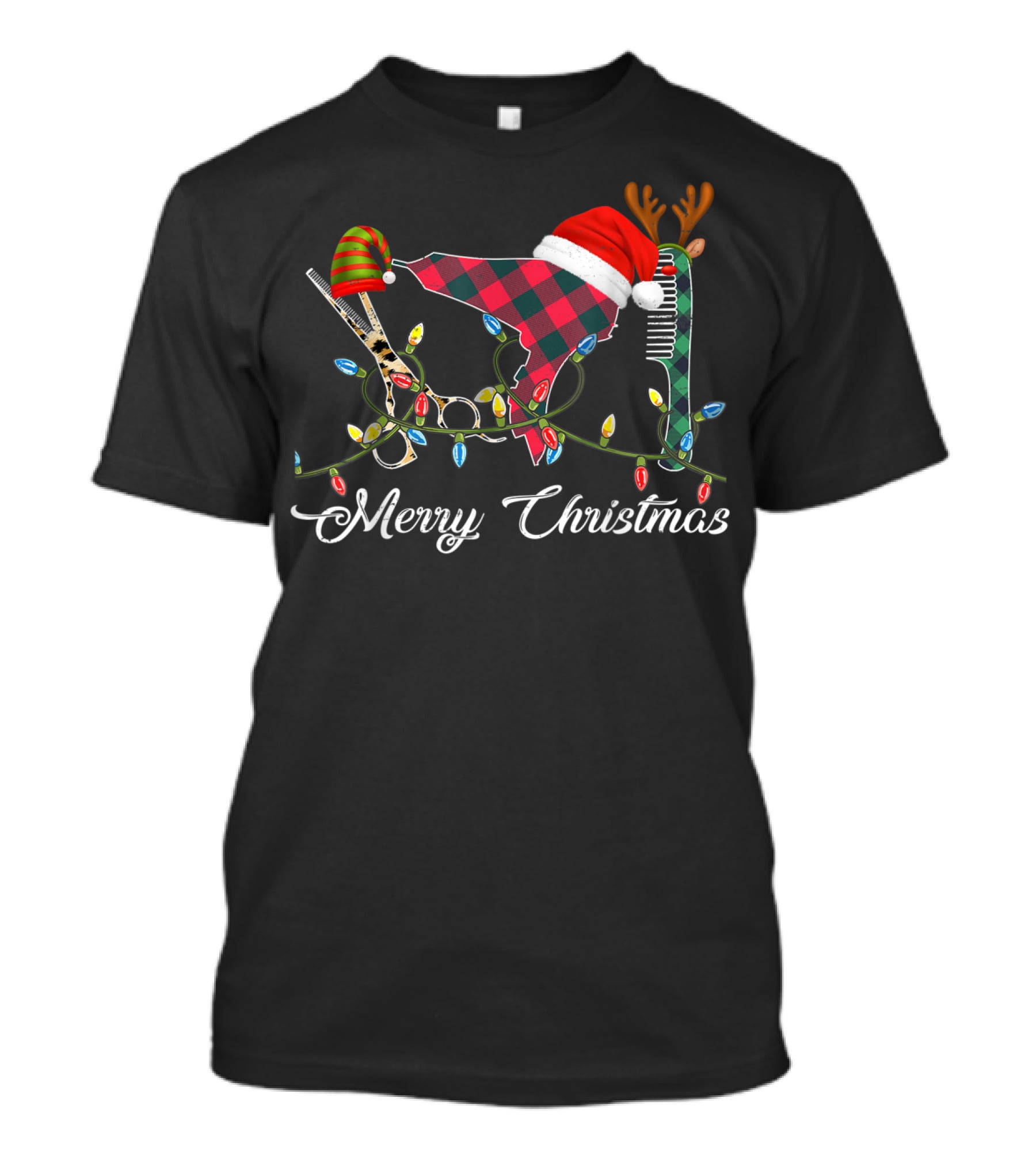 Merry Christmas Hair Stylist Tools With Santa Hat Scissors And Antler Comb T-Shirt