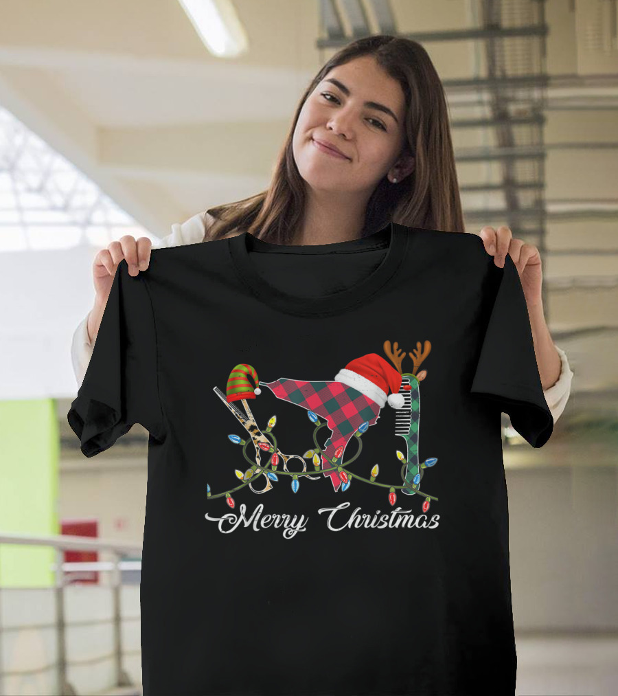 Merry Christmas Hair Stylist Tools With Santa Hat Scissors And Antler Comb T-Shirt