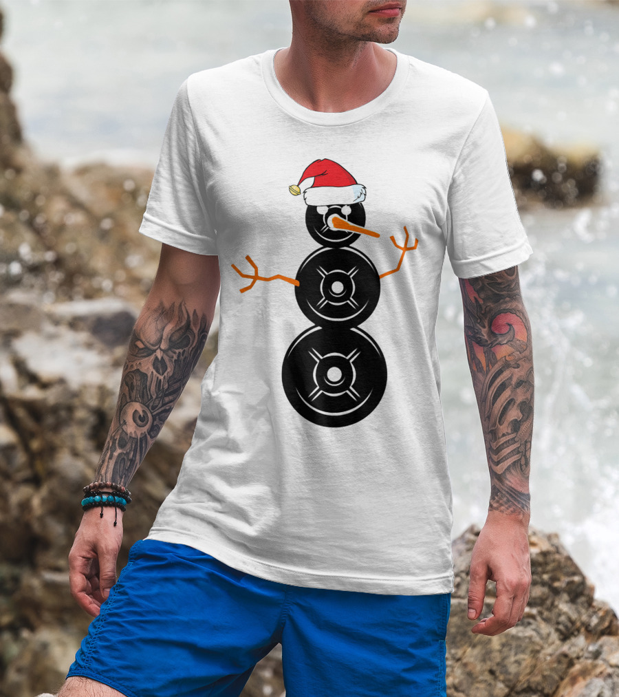 Funny Santa Hat Weightlifting Snowman Barbell T-Shirt