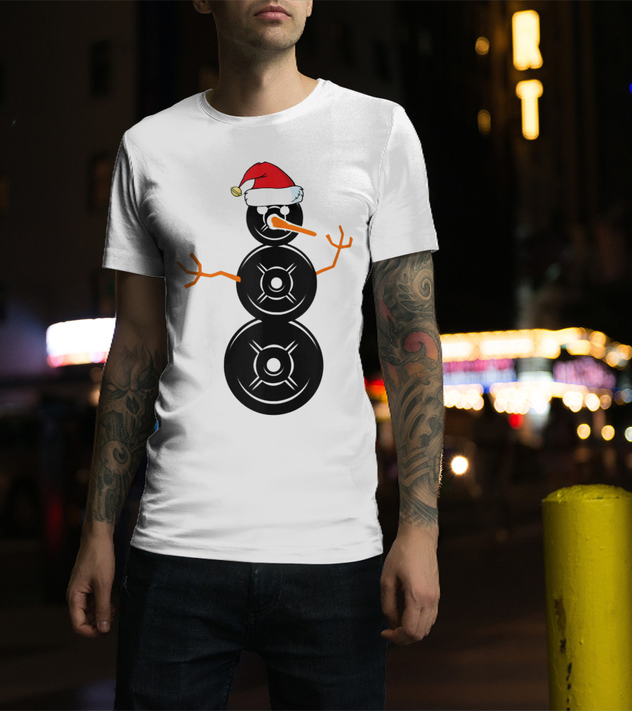Funny Santa Hat Weightlifting Snowman Barbell T-Shirt