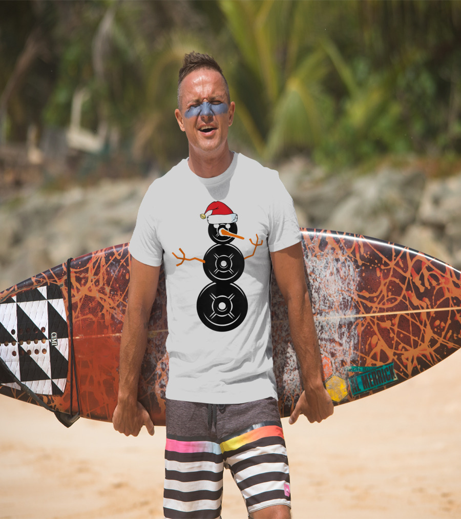 Funny Santa Hat Weightlifting Snowman Barbell T-Shirt