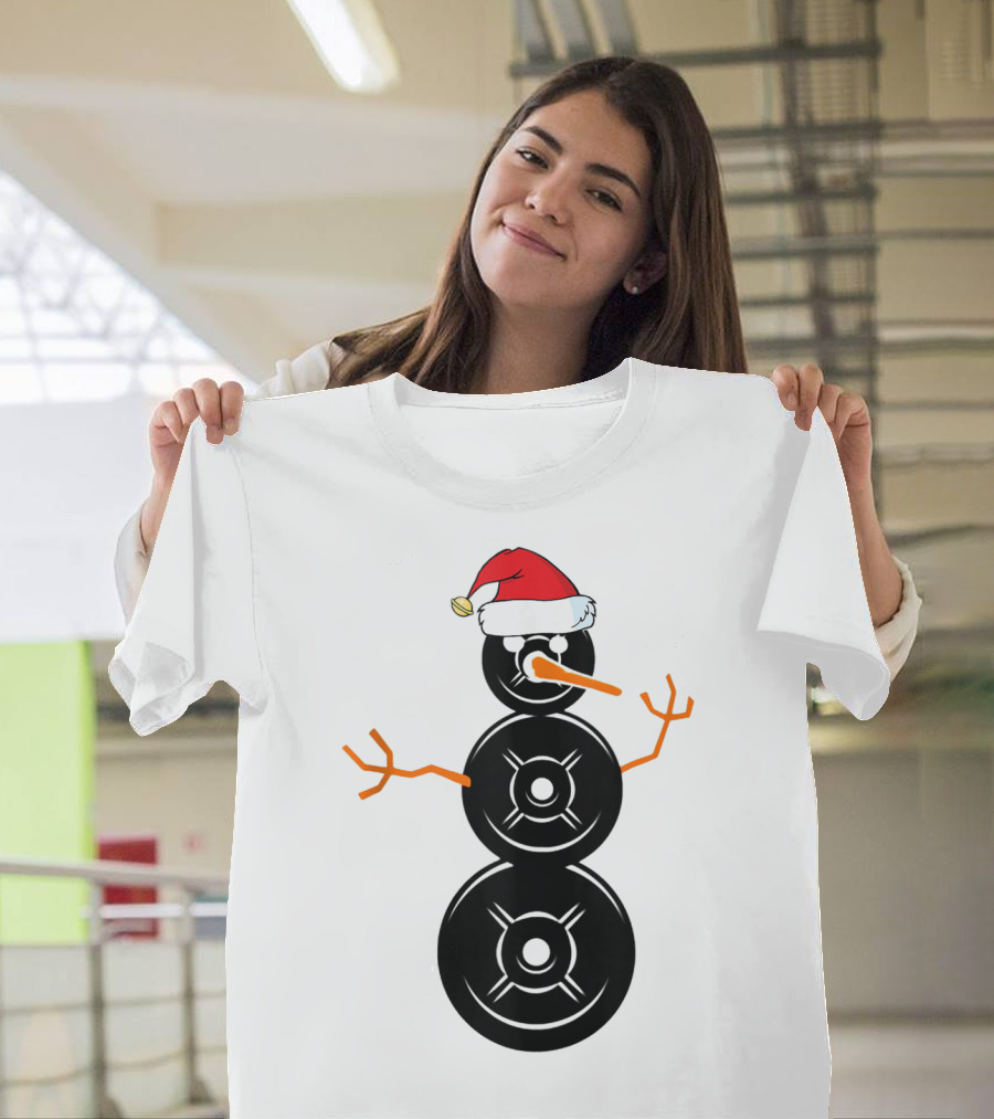 Funny Santa Hat Weightlifting Snowman Barbell T-Shirt