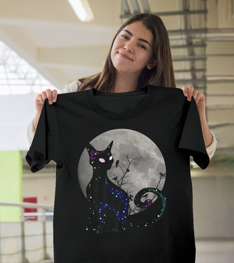 Halloween Scary Black Cat Gothic Full Moon Ravens T-Shirt