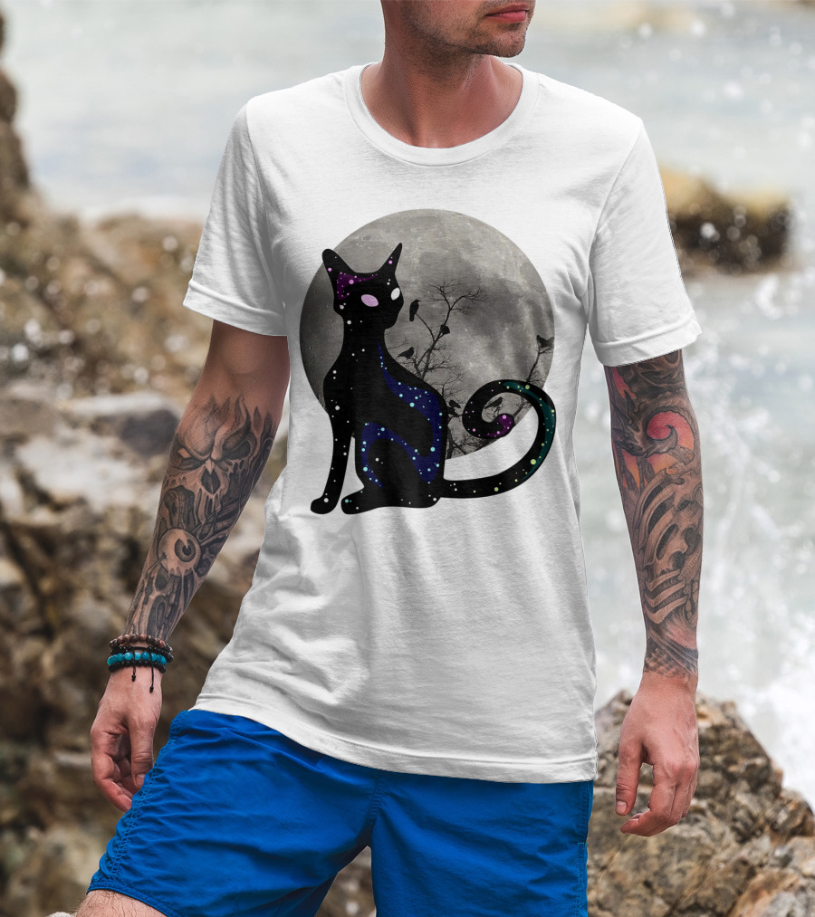 Halloween Scary Black Cat Gothic Full Moon Ravens T-Shirt
