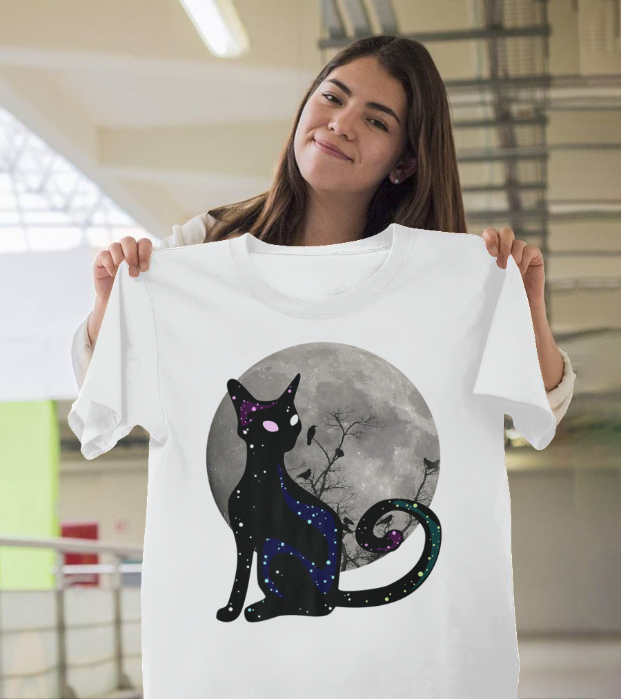 Halloween Scary Black Cat Gothic Full Moon Ravens T-Shirt