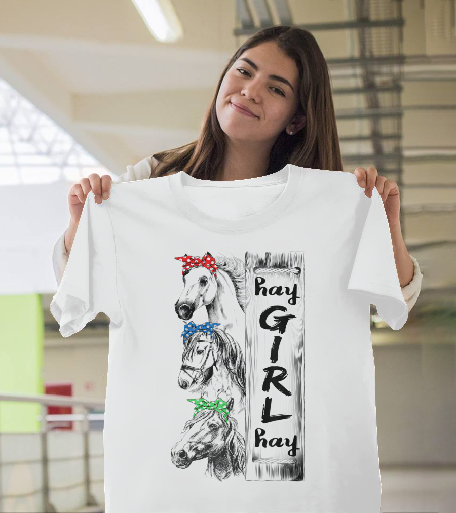 Hay Girl Hay Three Horses With Red Blue Green Polka Dot Ribbons T-Shirt