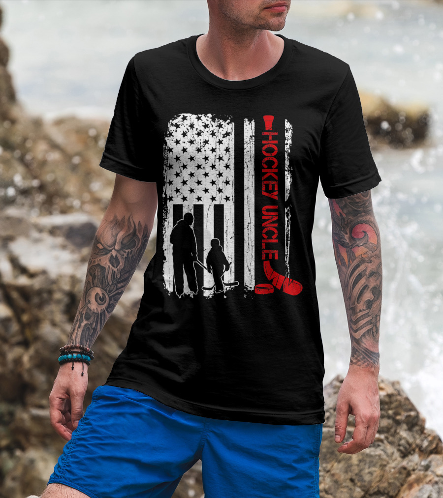 Hockey Uncle American Flag Silhouette With Stick And Player T-Shirt