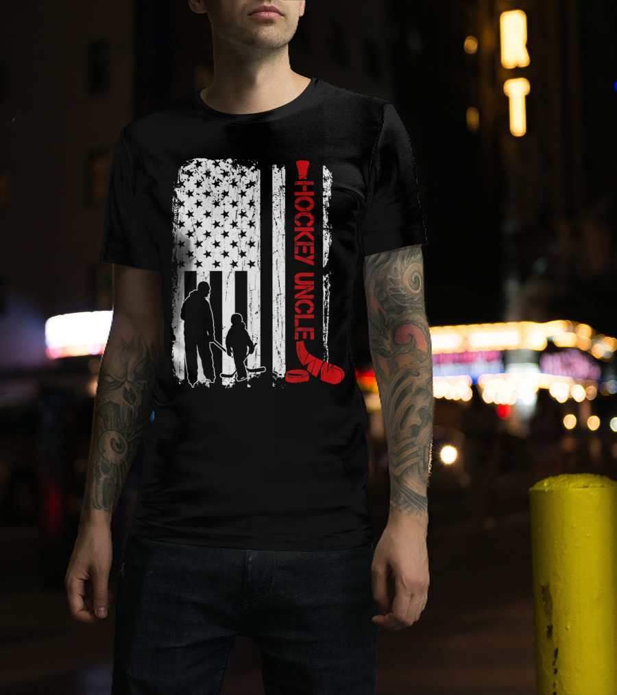 Hockey Uncle American Flag Silhouette With Stick And Player T-Shirt