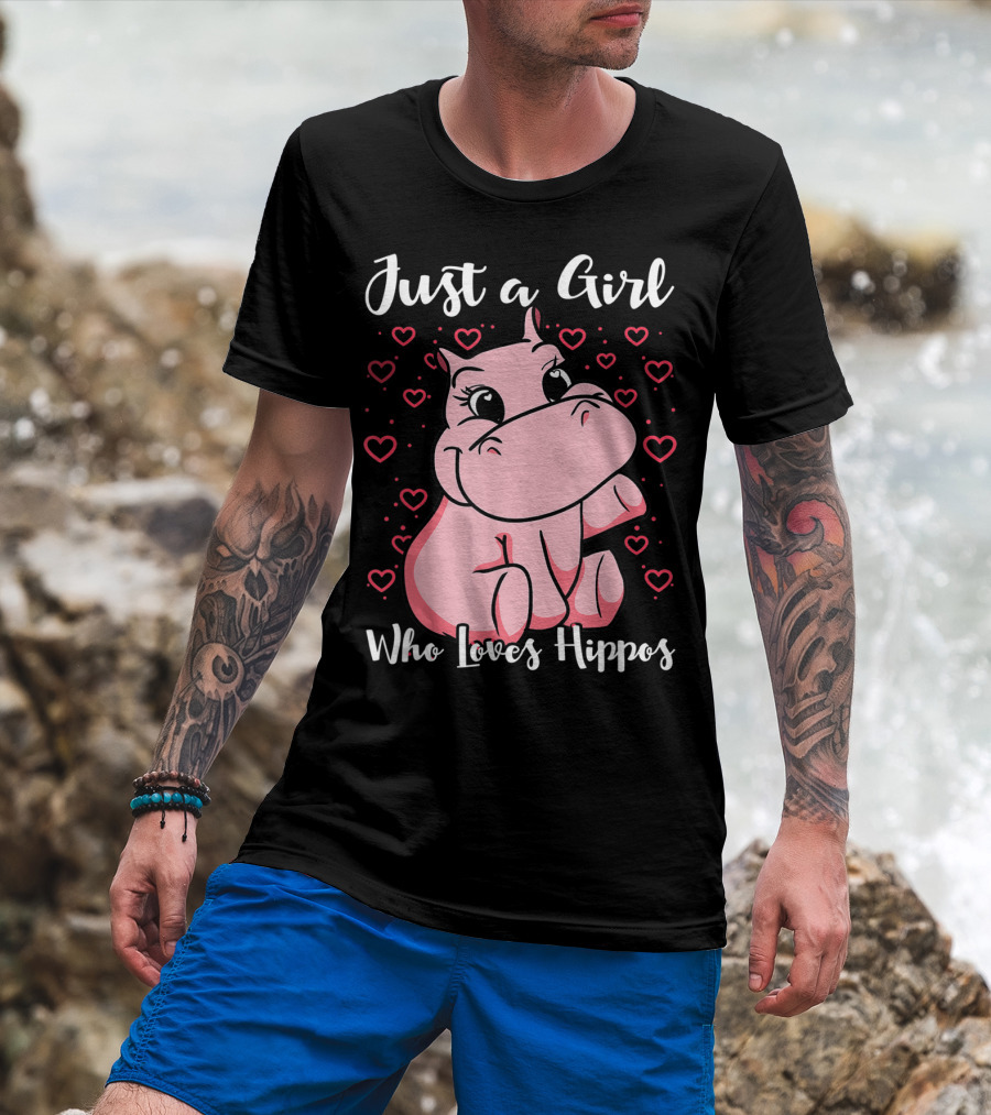Just A Girl Who Loves Hippos Cute Animal Pink Hearts T-Shirt