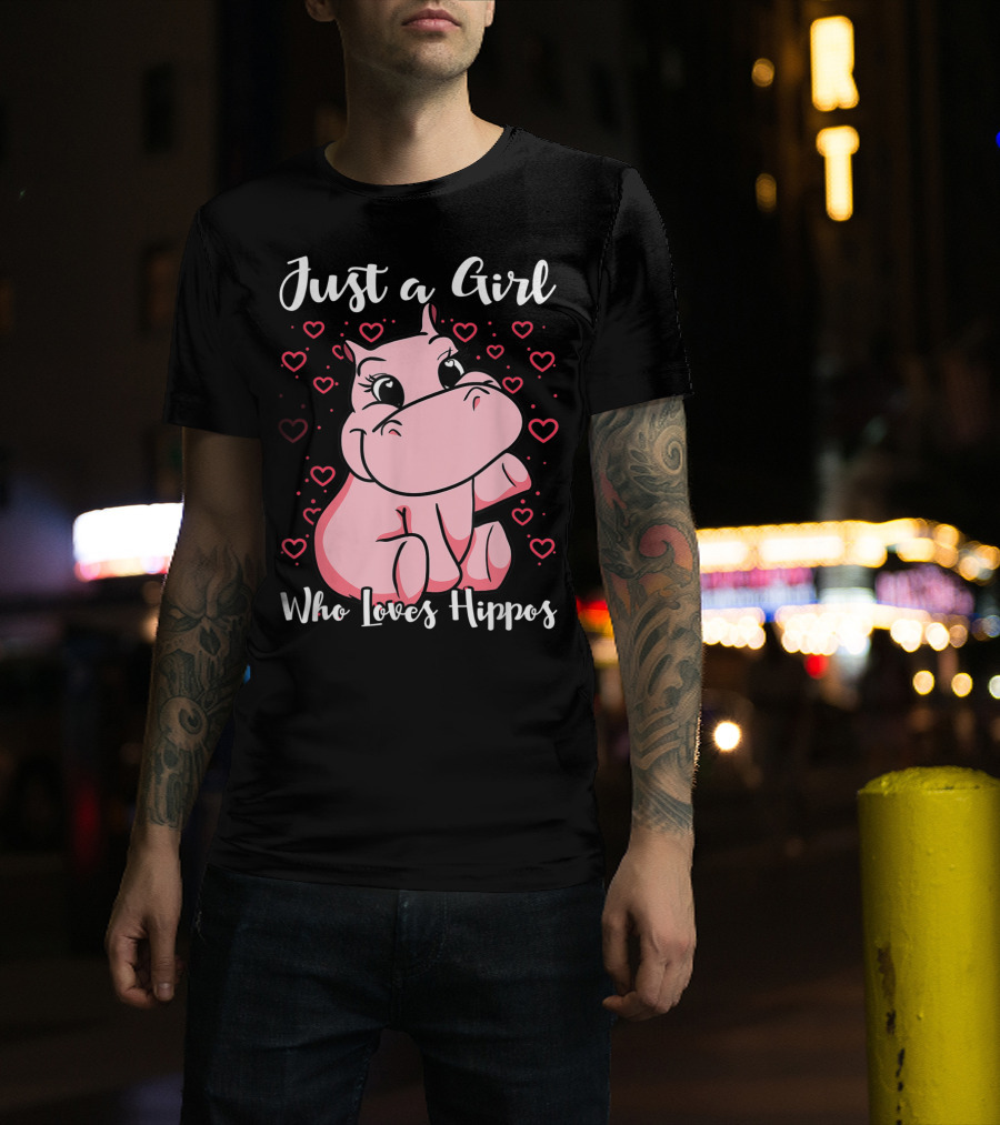 Just A Girl Who Loves Hippos Cute Animal Pink Hearts T-Shirt
