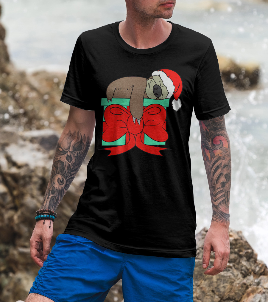 Lazy Christmas Sloth With Santa Hat And Gift Box Cute Funny Love It T-Shirt