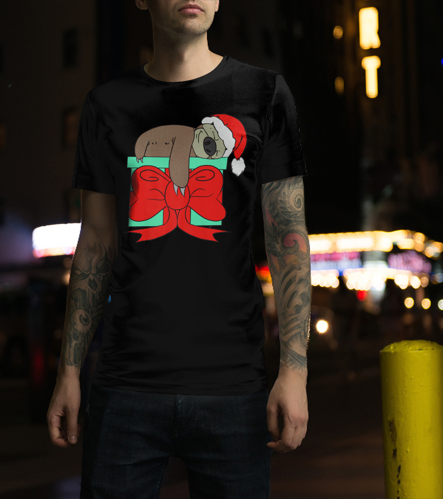 Lazy Christmas Sloth With Santa Hat And Gift Box Cute Funny Love It T-Shirt