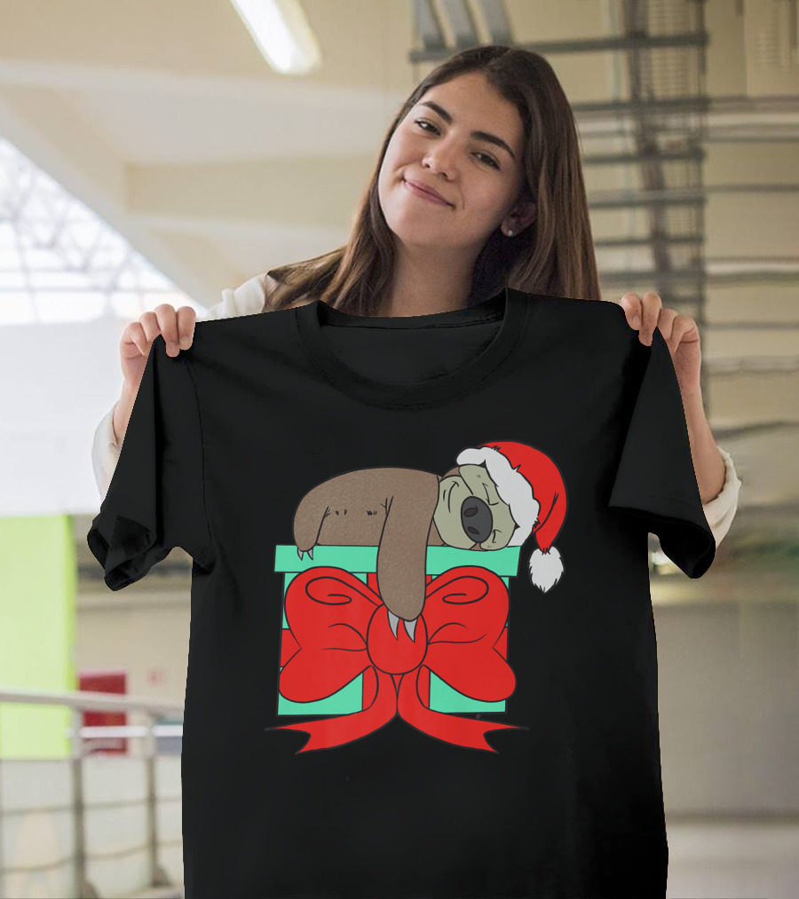 Lazy Christmas Sloth With Santa Hat And Gift Box Cute Funny Love It T-Shirt